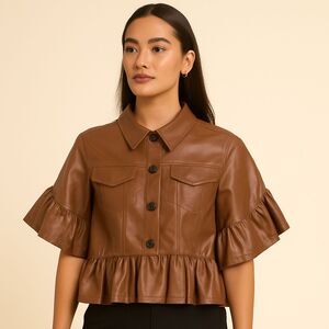 TOV Los Angeles Jacket NWT Brown Faux Leather Cropped Raw Cut Ruffled Size 12